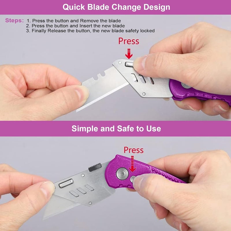 Vickay Folding Utility Knife, Box Cutter with 5 SK5 Quick Change Blades, Safety Axis Lock Design Razor Knife, Lightweight Aluminum Handle Belt Clip for Office Home Artcraft (Hot Pink) - Image 4